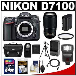 Nikon D7100 Digital SLR Camera Body with 70-300mm VR Lens + 64GB Card + Battery + Case + Flash + Filter + Tripod Kit