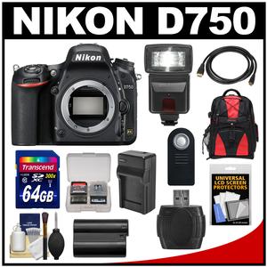 Nikon D750 Digital SLR Camera Body with 64GB Card + Battery & Charger + Backpack + Flash + Kit