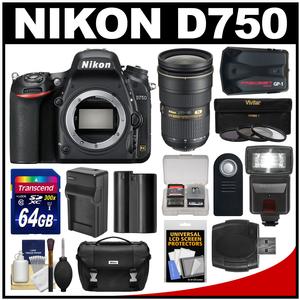 Nikon D750 Digital SLR Camera Body with 24-70mm f/2.8 Lens + 64GB Card + Battery/Charger + Case + Filters + GPS + Flash + Kit