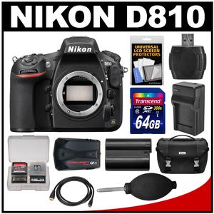 Nikon D810 Digital SLR Camera Body with 64GB Card + Battery & Charger + Case + GPS Adapter + Kit