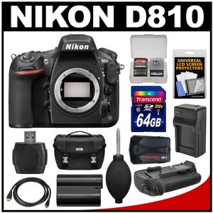 Nikon D810 Digital SLR Camera Body with 64GB Card + Battery & Charger + Case + GPS Adapter + Grip + Kit