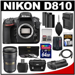 Nikon D810 Digital SLR Camera Body with 24-70mm f/2.8G Lens + 64GB Card + 2 Batteries/Charger + Case + GPS + Grip + Kit
