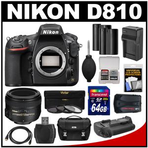 Nikon D810 Digital SLR Camera Body with 50mm f/1.4 Lens + 64GB Card + 2 Batteries + Charger + Case + GPS Adapter + Grip + Kit