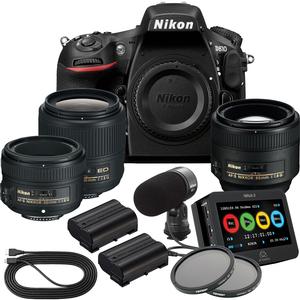 Nikon D810 Digital SLR Camera Filmmaker's Kit with 35mm 50mm & 85mm f/1.8G VR Lenses plus 2 EN-EL15 Batteries ME-1 Microphone HDMI Cable Atomos Ninja-2 Recorder & 2 Filters