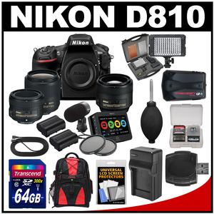 Nikon D810 Digital SLR Camera Filmmaker's Kit with 35mm 50mm & 85mm f/1.8G VR Lenses with 64GB Card + 2 Batteries + Charger + Mic + Atomos Recorder + Filters + LED + GPS + Kit