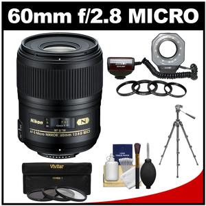 Nikon 60mm f/2.8G AF-S ED Micro-Nikkor Lens with Ringlight + Tripod + 3 UV/CPL/ND8 Filters + Kit