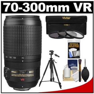 Nikon 70-300mm f/4.5-5.6 G VR AF-S ED-IF Zoom Lens - Factory Refurbished with 3 UV/ND8/CPL Filters + Tripod + Accessory Kit