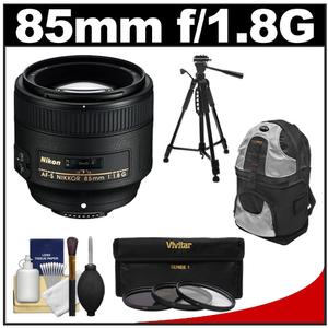 Nikon 85mm f/1.8G AF-S Nikkor Lens with 3 UV/CPL/ND8 Filters + Backpack Case + Tripod + Cleaning Kit