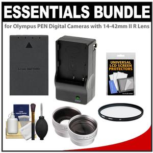 Essentials Bundle for Olympus PEN Digital Cameras & 14-42mm II R Zoom Lens with BLS-5 Battery & Charger + Filter + Wide-Angle & Telephoto Lenses + Accessory Kit