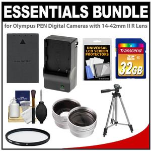 Essentials Bundle for Olympus PEN Digital Cameras & 14-42mm II R Zoom Lens with BLS-5 Battery & Charger + 32GB Card + Filter + Tripod + Wide/Tele Lens Kit