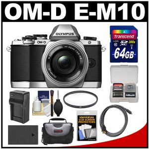 Olympus OM-D E-M10 Micro 4/3 Digital Camera & 14-42mm II R Lens (Silver/Black) with 64GB Card + Case + Battery & Charger + Filter + Accessory Kit