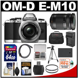 Olympus OM-D E-M10 Micro 4/3 Digital Camera & 14-42mm II R Lens (Silver/Black) with 40-150mm Lens + 64GB Card + Case + Battery/Charger + Tripod + Kit
