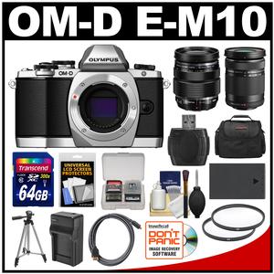 Olympus OM-D E-M10 Micro 4/3 Digital Camera Body (Silver) with 12-40mm & 40-150mm ED Lenses + 64GB Card + Case + Battery + Tripod Kit