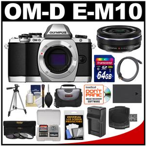 Olympus OM-D E-M10 Micro 4/3 Digital Camera Body (Silver) with 14-42mm EZ Lens + 64GB Card + Case + Battery/Charger + Tripod + Kit