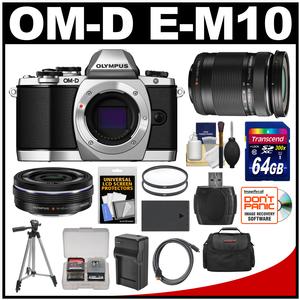 Olympus OM-D E-M10 Micro 4/3 Digital Camera Body (Silver) with 14-42mm EZ & 40-150mm ED Lenses + 64GB Card + Case + Battery/Charger + Tripod Kit