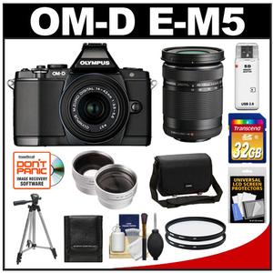 Olympus OM-D E-M5 Micro 4/3 Digital Camera & 14-42mm II Lens (Black/Black) with 40-150mm Lens + 32GB Card + Case + Filters + Tripod + Telephoto & Wide-Angle Len - Digital Cameras and Accessories - Hip Lens.com