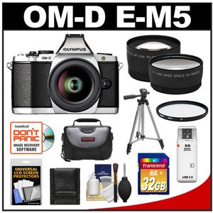 Olympus OM-D E-M5 Micro 4/3 Digital Camera & 12-50mm Lens (Silver/Black) with 32GB Card + Case + Filter + Tripod + Telephoto & Wide-Angle Lenses + Accessory Kit - Digital Cameras and Accessories - Hip Lens.com
