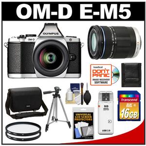 Olympus OM-D E-M5 Micro 4/3 Digital Camera & 12-50mm Lens (Silver/Black) with M.Zuiko 40-150mm Zoom Lens + 16GB Card + Case + Filters + Tripod + Accessory Kit - Digital Cameras and Accessories - Hip Lens.com
