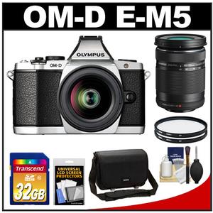 Olympus OM-D E-M5 Micro 4/3 Digital Camera & 12-50mm Lens (Silver/Black) with M.Zuiko 40-150mm Zoom Lens + 32GB Card + Case + Filters + Accessory Kit - Digital Cameras and Accessories - Hip Lens.com