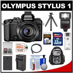 Olympus Stylus 1 Digital Camera with 28-300mm f/2.8 Lens (Black) with 32GB Card + Battery & Charger + Backpack + Flash + Flex Tripod + Accessory Kit