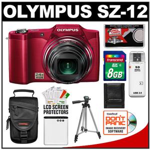 Olympus SZ-12 3D Digital Camera (Red) with 8GB Card + Battery + Case + Tripod + Accessory Kit - Digital Cameras and Accessories - Hip Lens.com
