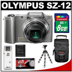 Olympus SZ-12 3D Digital Camera (Silver) with 8GB Card + Case + Flex Tripod + Accessory Kit - Digital Cameras and Accessories - Hip Lens.com