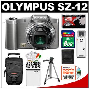 Olympus SZ-12 3D Digital Camera (Silver) with 8GB Card + Battery + Case + Tripod + Accessory Kit - Digital Cameras and Accessories - Hip Lens.com