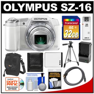 Olympus SZ-16 iHS Digital Camera (White) with 32GB Card + Case + Battery &amp; Charger + Tripod + HDMI Cable + Accessory Kit