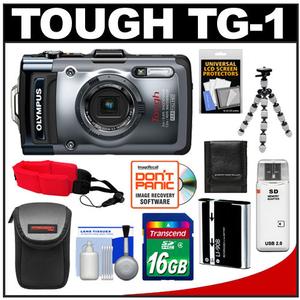 Olympus Tough TG-1 iHS Shock & Waterproof Digital Camera (Silver) with 16GB Card + Case + Battery + Flex Tripod + Floating Strap + Accessory Kit - Digital Cameras and Accessories - Hip Lens.com