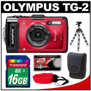 Olympus Tough TG-2 iHS Shock &amp; Waterproof Digital Camera (Red) with 16GB Card + Case + Flex Tripod + Accessory Kit