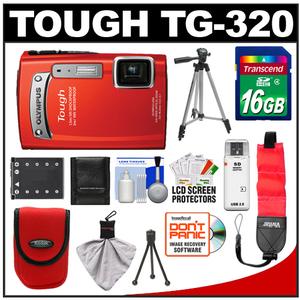 Olympus Tough TG-320 Shock & Waterproof Digital Camera (Red) with 16GB Card + Battery + Floating Strap + Case + 2 Tripods + Accessory Kit - Digital Cameras and Accessories - Hip Lens.com