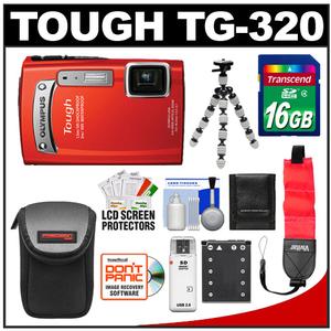 Olympus Tough TG-320 Shock & Waterproof Digital Camera (Red) with 16GB Card + Battery + Floating Strap + Case + Flex Tripod + Accessory Kit - Digital Cameras and Accessories - Hip Lens.com