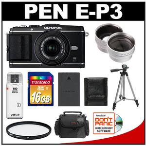 Olympus PEN E-P3 Micro 4/3 Digital Camera & 14-42mm II Lens (Black) - Refurbished with 16GB Card + Battery + Filter + Case + Tripod + Wide Angle & Telephoto Len - Digital Cameras and Accessories - Hip Lens.com