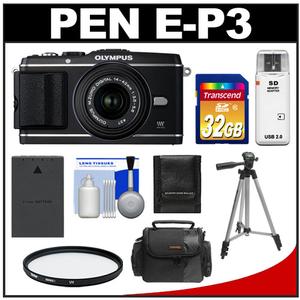 Olympus PEN E-P3 Micro 4/3 Digital Camera & 14-42mm II Lens (Black) - Refurbished with 32GB Card + Battery + Filter + Case + Tripod + Accessory Kit - Digital Cameras and Accessories - Hip Lens.com