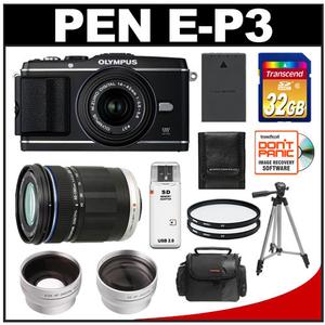 Olympus PEN E-P3 Micro 4/3 Digital Camera & 14-42mm II Lens (Black) - Refurbished with 40-150mm Lens + 32GB Card + Battery + Filters + Case + Tripod + Tele / Wi - Digital Cameras and Accessories - Hip Lens.com