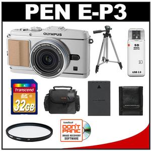 Olympus PEN E-P3 Micro 4/3 Digital Camera & 17mm f/2.8 Lens (White/Silver) - Refurbished with 32GB Card + Battery + Filter + Case + Tripod + Accessory Kit - Digital Cameras and Accessories - Hip Lens.com