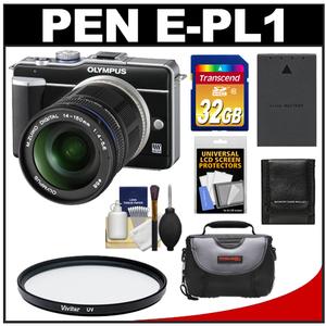 Olympus Pen E-PL1 Micro 4/3 Digital Camera & 14-150mm Lens (Black) with 32GB Card + Battery + Case + UV Filter + Accessory Kit - Digital Cameras and Accessories - Hip Lens.com
