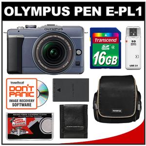 Olympus Pen E-PL1 Micro 4/3 Digital Camera & 14-42mm Lens (Slate Blue/Black)-Refurbished with 16GB Card + Case + Battery + Accessory Kit - Digital Cameras and Accessories - Hip Lens.com
