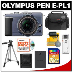 Olympus PEN E-PL1 Micro 4/3 Digital Camera & 14-42mm Lens (Slate Blue/Black)-Refurbished with 32GB Card + Battery + Tripod + Case + Accessory Kit - Digital Cameras and Accessories - Hip Lens.com