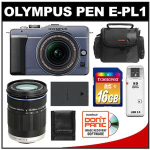 Olympus PEN E-PL1 Micro 4/3 Digital Camera & 14-42mm Lens (Slate Blue/Black)-Refurbished with M.Zuiko 40-150mm f/4.0-5.6 Zoom Lens + 16GB Card + Battery + Case 
