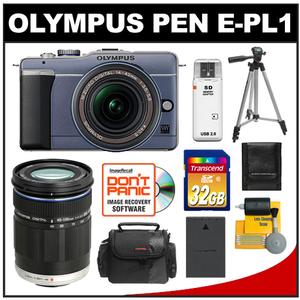 Olympus PEN E-PL1 Micro 4/3 Digital Camera & 14-42mm Lens (Slate Blue/Black)-Refurbished with M.Zuiko 40-150mm Zoom Lens + 32GB Card + Battery + Tripod + Case + - Digital Cameras and Accessories - Hip Lens.com