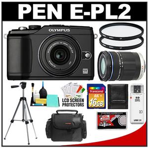 Olympus PEN E-PL2 Micro 4/3 Digital Camera & 14-42mm II & 40-150mm Lens (Black) with 16GB SD Card + (2) UV Filters + Case + Tripod + Accessory Kit - Digital Cameras and Accessories - Hip Lens.com