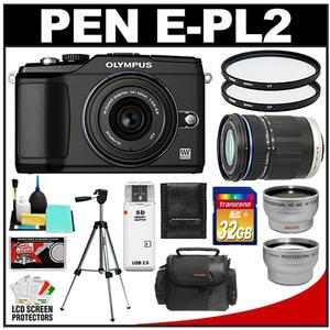 Olympus PEN E-PL2 Micro 4/3 Digital Camera & 14-42mm II & 40-150mm Lens (Black) with 32GB Card + Wide & Telephoto Lenses + 2 Filters + Case + Tripod + Accessory - Digital Cameras and Accessories - Hip Lens.com