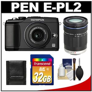 Olympus PEN E-PL2 Micro 4/3 Digital Camera & 14-42mm II & 40-150mm Lens (Black) with 32GB Card + Cleaning Kit - Digital Cameras and Accessories - Hip Lens.com