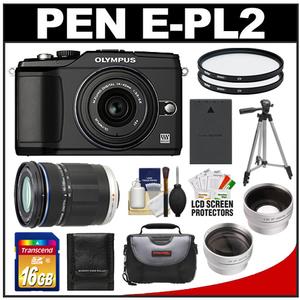 Olympus PEN E-PL2 Micro 4/3 Digital Camera & 14-42mm II & 40-150mm Lens (Black) with 16GB Card + Battery + Case + Tripod + (2) Filters + Wide Angle & Telephoto  - Digital Cameras and Accessories - Hip Lens.com