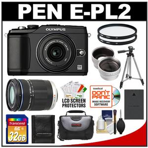 Olympus PEN E-PL2 Micro 4/3 Digital Camera & 14-42mm II & 40-150mm Lens (Black) with 32GB Card + Battery + Case + Tripod + (2) Filters + Wide Angle & Telephoto  - Digital Cameras and Accessories - Hip Lens.com