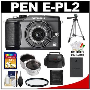 Olympus PEN E-PL2 Micro 4/3 Digital Camera & 14-42mm II Lens (Black) (Outfit Box) with 16GB Card + Battery + Case + Tripod + Filter + Wide Angle & Telephoto Len - Digital Cameras and Accessories - Hip Lens.com