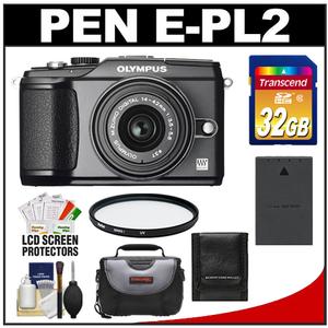 Olympus PEN E-PL2 Micro 4/3 Digital Camera & 14-42mm II Lens (Black) (Outfit Box) with 32GB Card + Battery + Case + Filter + Accessory Kit - Digital Cameras and Accessories - Hip Lens.com