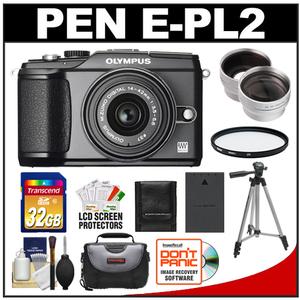 Olympus PEN E-PL2 Micro 4/3 Digital Camera & 14-42mm II Lens (Black) (Outfit Box) with 32GB Card + Battery + Case + Tripod + Filter + Wide Angle & Telephoto Len - Digital Cameras and Accessories - Hip Lens.com