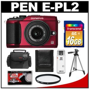 Olympus Pen E-PL2 Micro 4/3 Digital Camera & 14-42mm II Lens (Red) - Refurbished with 16GB Card + UV Filter + Tripod + Case + Accessory Kit - Digital Cameras and Accessories - Hip Lens.com